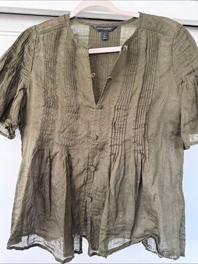 Banana Republic Olive Pintuck Linen Button-Front Shirt 100% Ramie